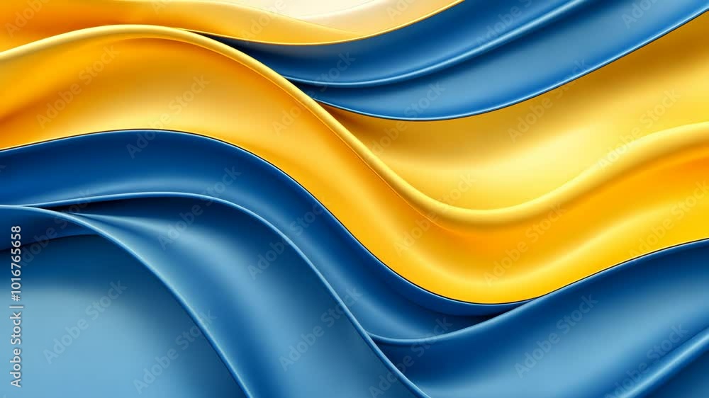 Poster flowing blue and yellow fabric creating a dynamic wave effect in the wind