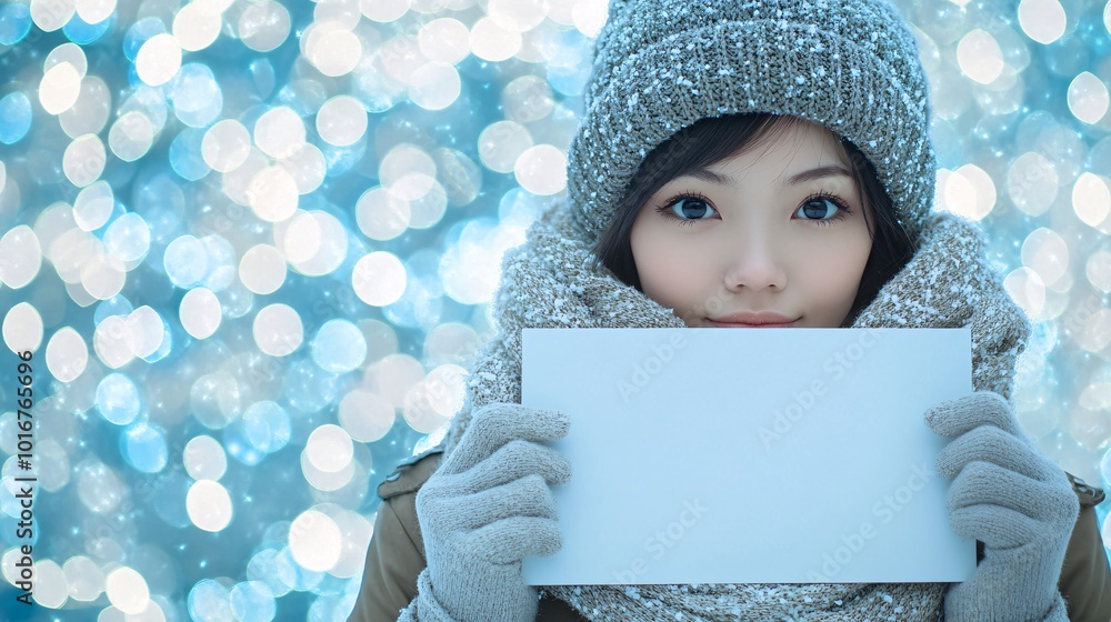 Poster photorealistic with side space for letters a woman holding a blank white sign in front of a backdrop