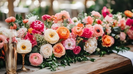 A stunning and vibrant floral arrangement adorns a wedding table creating a cheerful and modern atmosphere for a fun and joyous The colorful blooms including roses peonies and hydrangeas