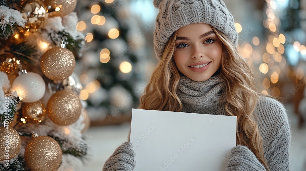 Poster photorealistic with side space for letters a woman holding a blank white sign with a background of e