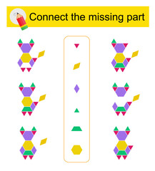 Connect the missing part. Attention task for kids. Cartoon animal.