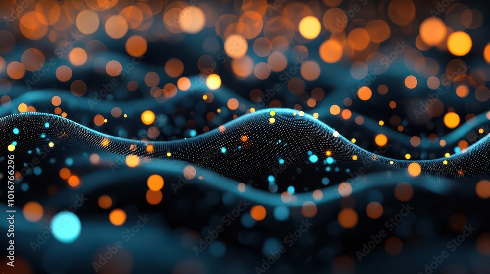 Poster a mesmerizing abstract background of swirling waves and luminous bokeh lights in vibrant blue and or