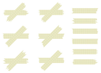 Set of yellow paper sheets isolated on white. Pieces of decorative tape for scrapbooks. Tapes collection in vector. Ripped paper. Torn pieces of paper from a notebook in a cell. Colorful ribbons