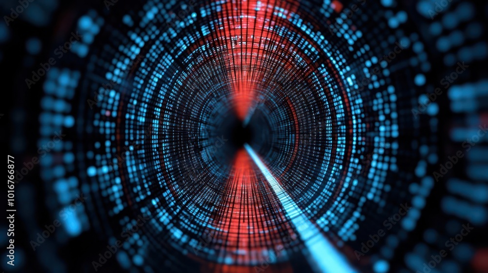 Poster a mesmerizing abstract tunnel of glowing blue and red digital data streams, symbolizing technology a