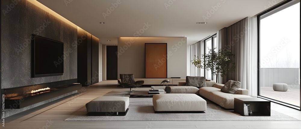 Poster a modern minimalist living room featuring a refined and sleek design with monochromatic color scheme