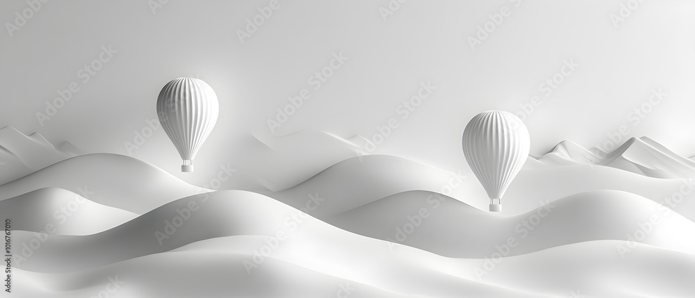 Poster Serene and minimalist monochromatic landscape with graceful hot air balloons floating amidst soft gradients and geometric shapes creating a visually captivating and tranquil atmospheric composition
