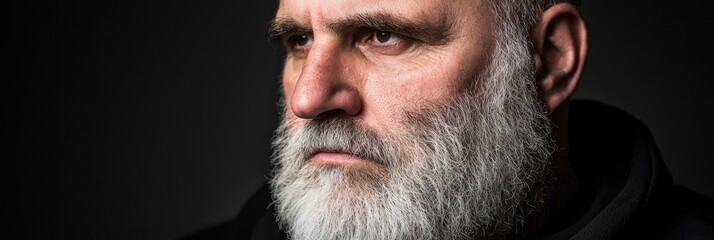 Obraz premium A man with a white beard gazes off-kilter in a black shirt, his expression serious