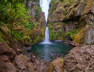 Panorama of Wahclella Falls, Columbia River Gorge, OR.