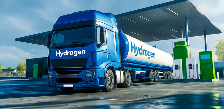 Transportation and delivery of Hydrogen. Blue lorry with tank at Hydrogen refueling station.