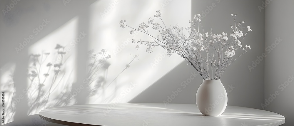 Poster elegant minimalist monochromatic featuring a simple vase with delicate floral arrangements and soft 