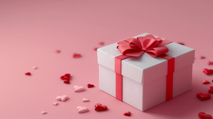 Obraz premium White gift box with red ribbon and heart shape confetti