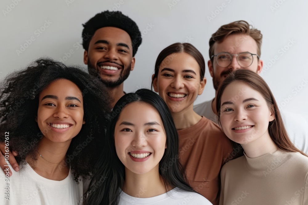 Sticker Group of diverse young people looking at camera and smiling while standing against grey background