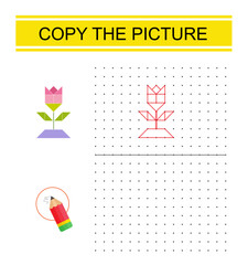 Educational game for preschool kids. Copy the cartoon flower rose picture by connecting the dot. Dot to dot copy practice.