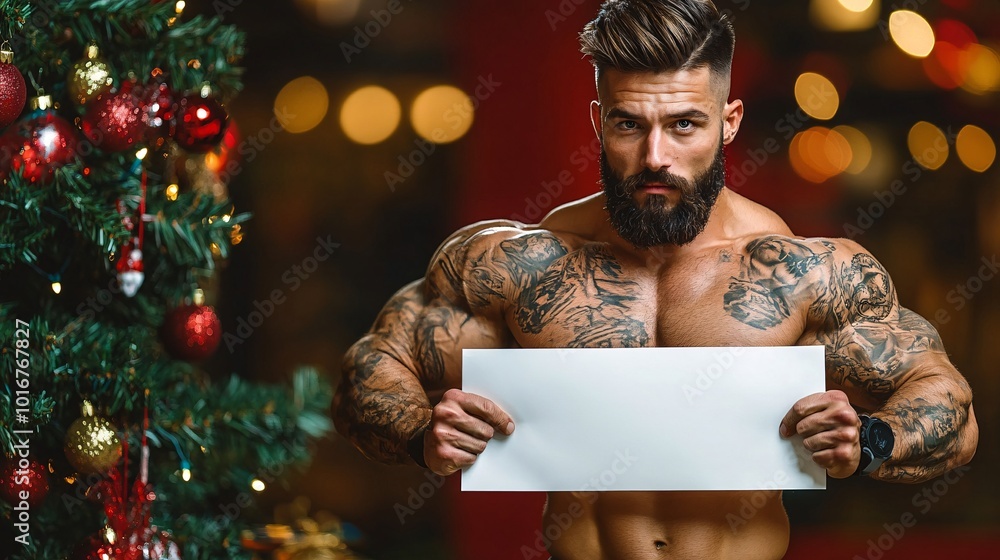 Aufkleber isolated on red color background with side space for letters fitness enthusiasts holding a blank whi