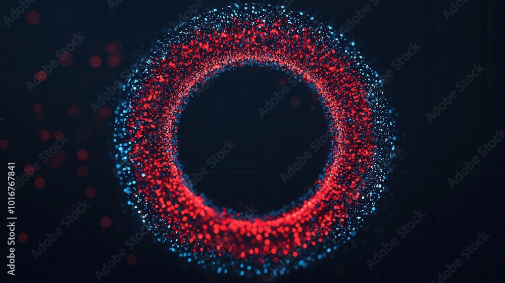 Poster a vibrant digital illustration of a circular pattern featuring red and blue particles, creating a st