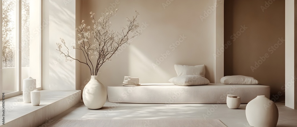 Poster refined and serene monochromatic setup featuring a vase with a floral branch a lamp and natural ligh