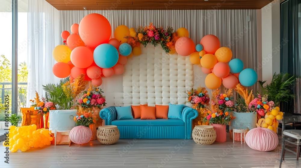 Poster visually striking modern air balloon setup featuring a vibrant color palette playful design elements