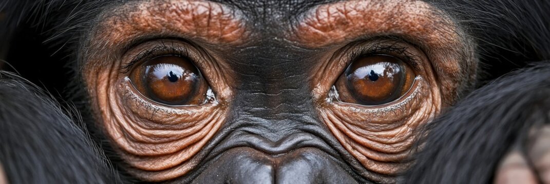  A tight shot of a monkey's face, with expressive brown eyes and a long, slender black tail