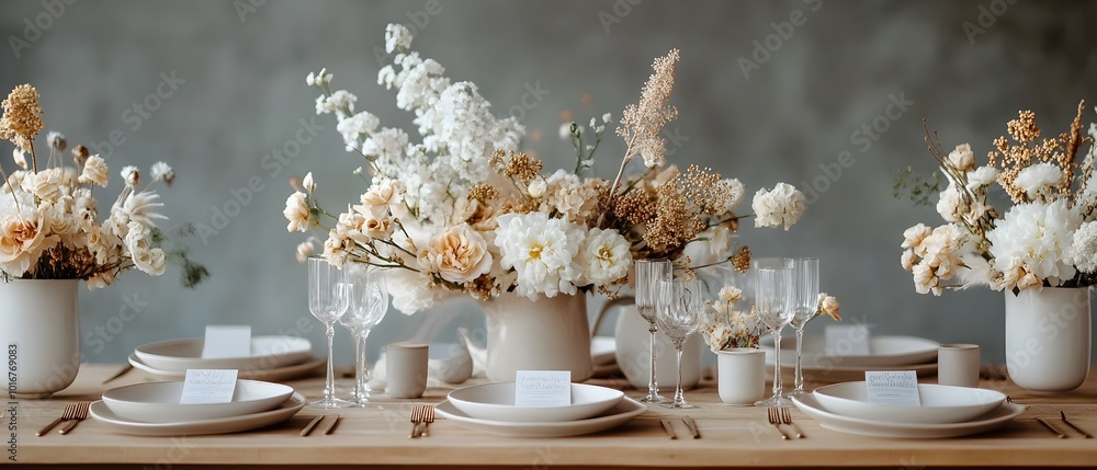 Poster beautifully designed monochromatic table setting with stylish floral arrangements and modern decor e