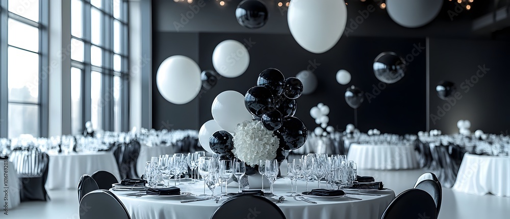 Poster elegant monochromatic table setting with chic and centerpiece highlighting the modern and sophistica