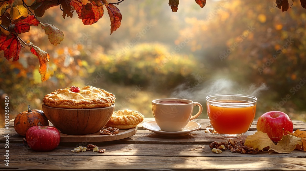 Poster photorealistic with side space for letters friends gathered around a picnic table full of autumn-the