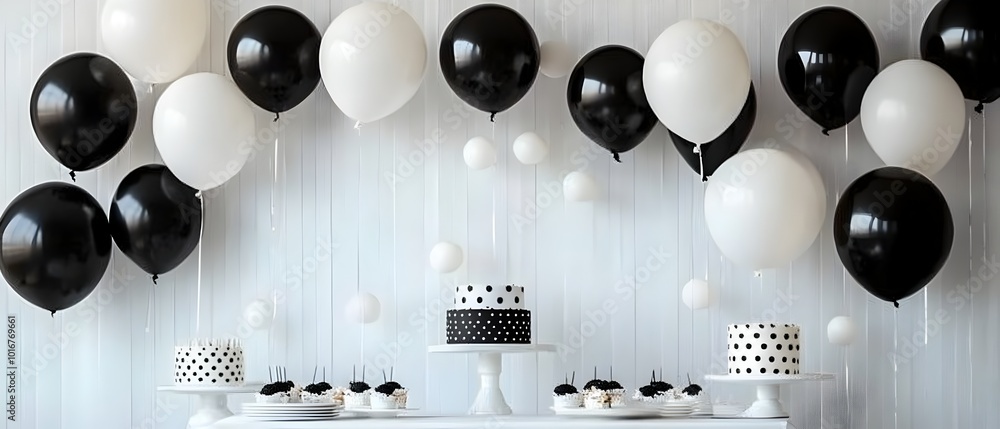 Poster stylish monochromatic party backdrop featuring a minimal and geometric balloon setup in black and wh