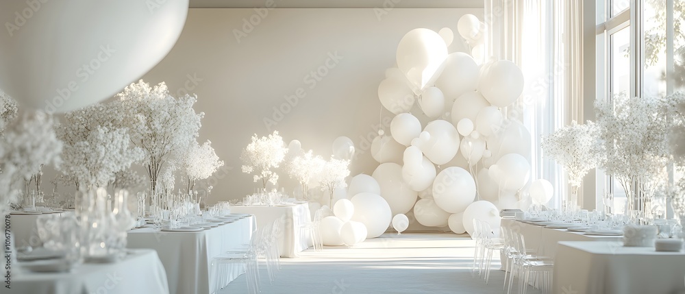 Poster elegant and ethereal monochromatic air balloon party setup with sleek minimalist designs and subtle 