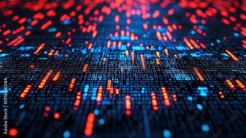 Poster abstract digital background with vibrant red and blue glowing elements, representing data flow and t