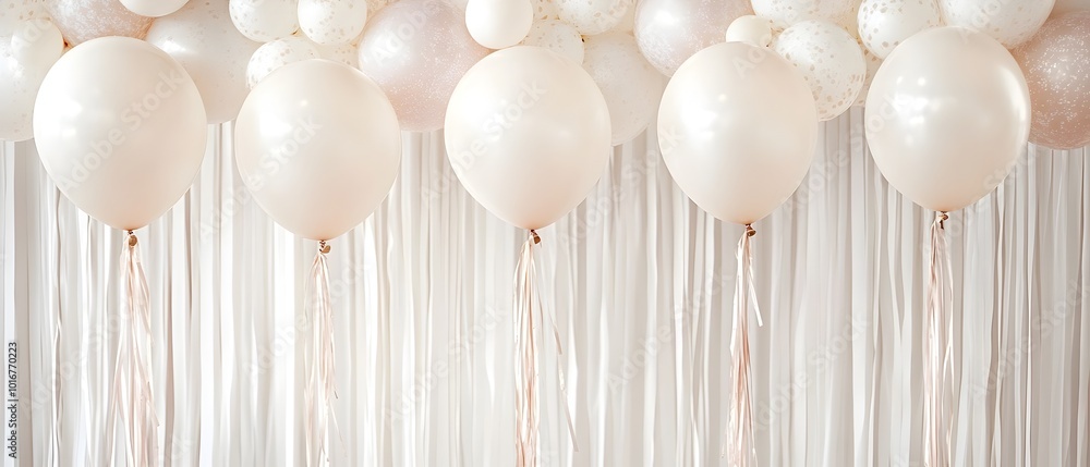 Poster minimalistic and elegant party featuring monochromatic balloons streamers and accents for a sophisti