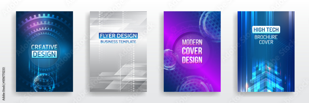 Poster page layout set for sci-fi. set of high-tech covers for marketing. modern technology design for post