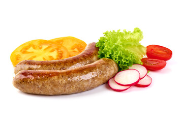 Grilled bratwurst Bavarian Pork Sausages with leaves and vegetables, close-up, isolated on white background.