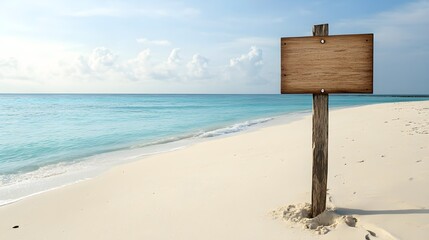 A serene beach scene with a wooden signpost on soft sand, overlooking turquoise waters and a bright sky.