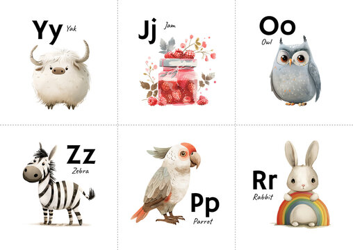 Six educational cards for preschool children, which depict letters and illustrations of animals, designed to teach kids the alphabet. Watercolor illustration in pastel colors.