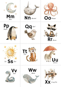 Twelve educational cards for preschool children, which depict letters and illustrations of animals, designed to teach kids the alphabet. Watercolor illustration in pastel colors.