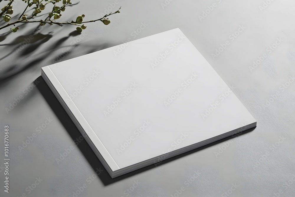 Poster a minimalist white notebook sits on a textured surface, accompanied by a green leaf, emphasizing sim