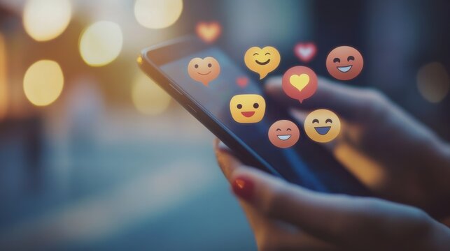 A person uses a mobile phone with various social media emoji reactions floating above the screen, symbolizing likes, love, and engagement.