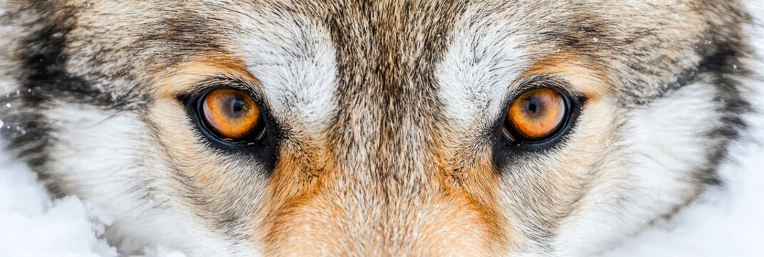  A tight shot of a wolf's expressive eyes amidst a foreground of fallen snow Snow-covered ground extends into the background