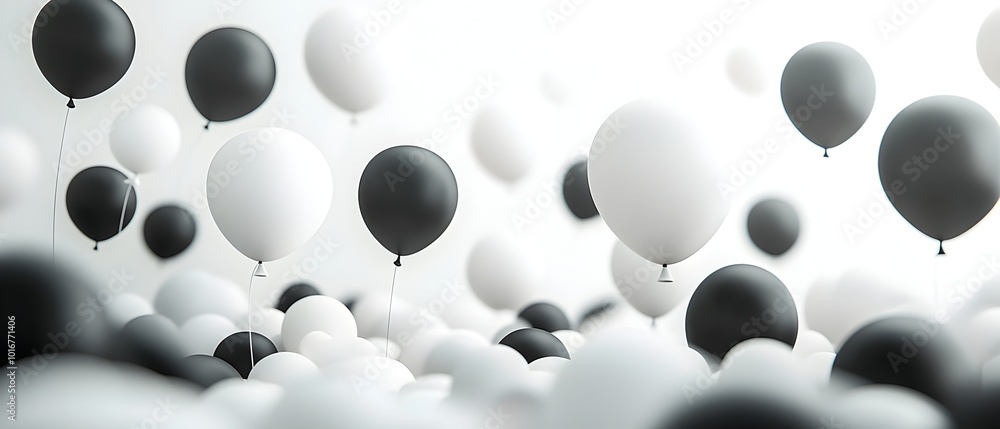 Poster monochromatic air balloons in various shapes and sizes floating in a party scene enhancing the moder