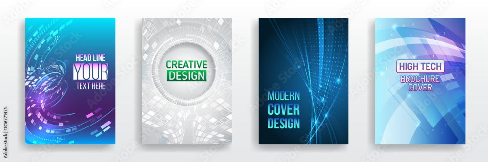 Poster page layout set for sci-fi. set of high-tech covers for marketing. modern technology design for post