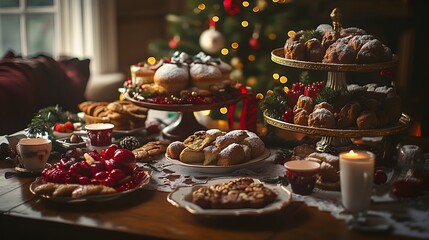 Festive Christmas Table Setting with Various Sweet Treats and a Christmas Tree in the Background