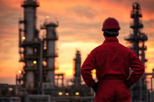 A refinery worker in a red uniform stands back and observes an industrial oil refinery against a dramatic sunset sky.