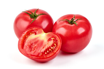 Fresh ripe red tomatoes, whole and sliced, with green stems, juicy flesh, and visible seeds, isolated on white background.