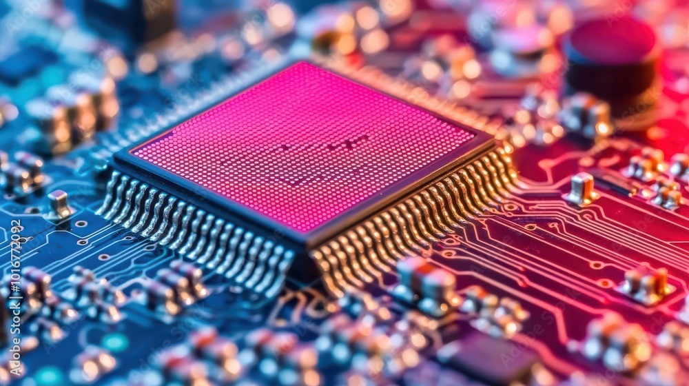 Poster close-up of a computer chip on a circuit board with vibrant lighting, showcasing intricate details a