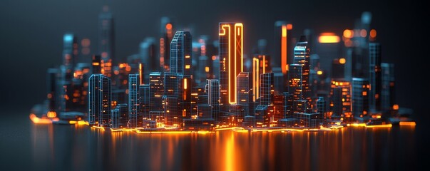 Fototapeta premium Futuristic city skyline with neon lights on a dark background.