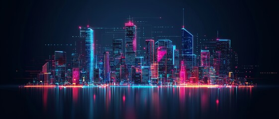 Obraz premium Futuristic city skyline with neon lights reflecting on water, digital art concept.