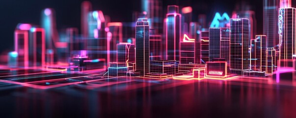 Fototapeta premium Futuristic cityscape with neon lights and digital effects in a reflective surface, vibrant urban design.
