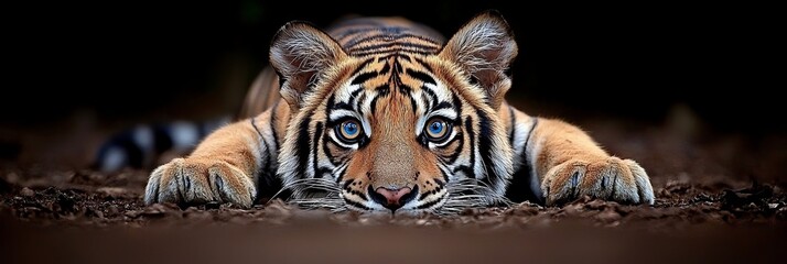  A tight shot of a tiger lying on the ground, eyes fixed forward, and head gently touching the earth