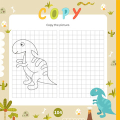 Cute Dinosaur activities for kids. Copy the picture – little Dino. Logic games for children. Coloring page. Vector illustration. Book square format.