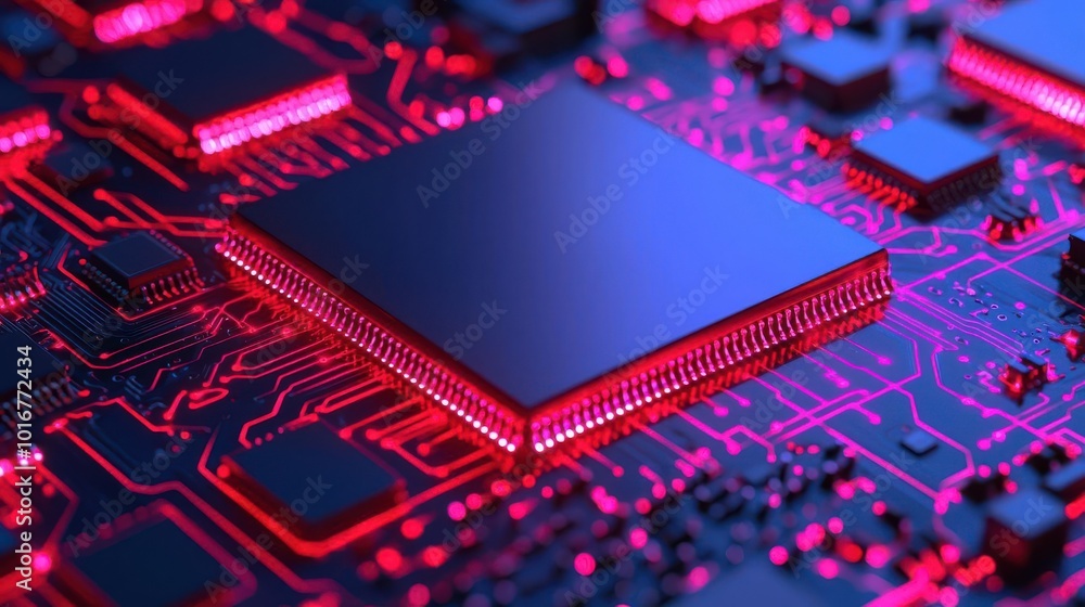 Poster close-up of a computer microchip on a circuit board with vibrant red lighting, symbolizing technolog