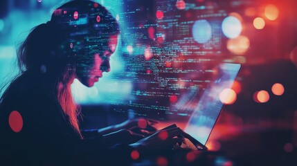 Double exposure of Computer programmer team using laptop, data processing connecting with internet global network, cloud computing and data center network server, cyber security, software development,